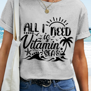 Women's Summer Beach Quote All I Need Is Vitamin Sea Cotton T-Shirt, color:Light Gray|size:3XL, Lilicloth.com