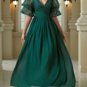 V Neck Lace Floral Elegant Party Dress, Maxi Dresses, color:darkgreen|size:XL, Stylewe
