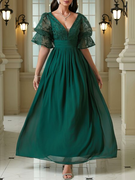 V Neck Lace Floral Elegant Party Dress, Maxi Dresses, color:darkgreen|size:XL, Stylewe