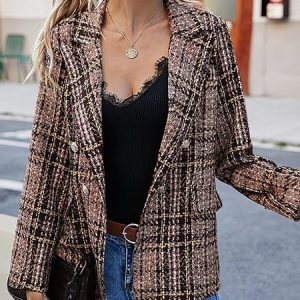 Women's Urban Casual Contrast Check Double Breasted Suit Clothing, Blazers, color:Brown|size:XXL, JustFashionNow