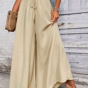 Casual Loose Paperbag Waist Knot Front Wide Leg Pants, Pants, color:Apricot|size:XXL, JustFashionNow