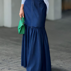 Loose Lightweight Plain Urban Faux Denim Maxi Skirt, Denim Skirts, color:Denim Blue|size:XXL, Stylewe