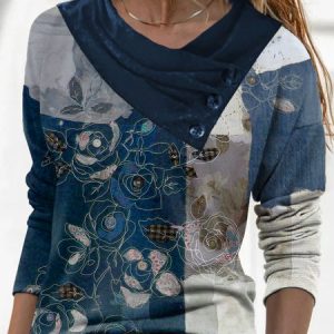 Casual Crew Neck Regular Fit Floral Top, Shirts & Blouses, color:Blue|size:XXL, JustFashionNow