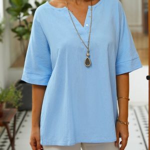 Casual Cotton Plain Blouse Tunic, Shirts & Blouses, color:Blue|size:XXL, JustFashionNow
