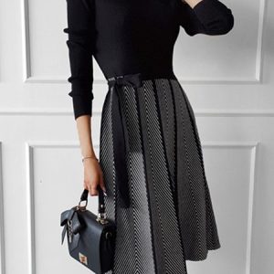 Elegant Turtleneck Striped Long Sleeve Midi Dress, Midi Dresses, color:Black|size:XXL, Stylewe