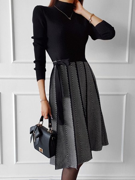 Elegant Turtleneck Striped Long Sleeve Midi Dress, Midi Dresses, color:Black|size:XXL, Stylewe