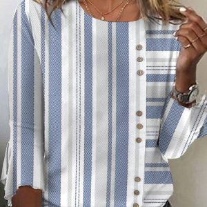 Casual Buckle Flare Sleeve Striped Loose T-Shirt, T-Shirts, color:Blue|size:XXL, JustFashionNow