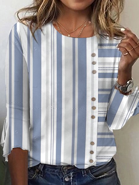 Casual Buckle Flare Sleeve Striped Loose T-Shirt, T-Shirts, color:Blue|size:XXL, JustFashionNow