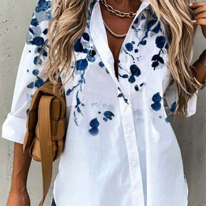 Long Sleeve Floral-Print Shirt Collar Casual Blouse, Shirts & Blouses, color:White|size:3XL, JustFashionNow