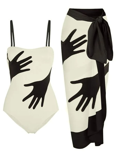 Printing Vacation Square Neck Abstract One Piece With Cover Up, Coverups, color:Apricot|size:XXL, Stylewe