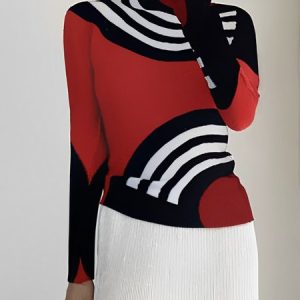 Long Sleeve Urban Geometric Turtleneck T-Shirt, Tees, color:Red|size:XXL, Stylewe