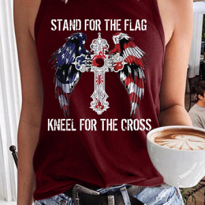 Women‘s Stand For The Flag Kneel For The Cross Crew Neck Casual Tank Top, Tank Tops, Lilicloth.com