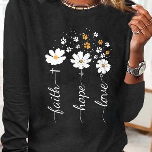 Women's Faith Hope Love Floating Paw Prints Crew Neck Casual Top, color:Black|size:3XL, Lilicloth.com