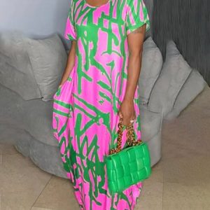 Plus Size Daily Crew Neck Abstract Casual Dress, Knit Dress, color:Pink|size:4X, Stylewe