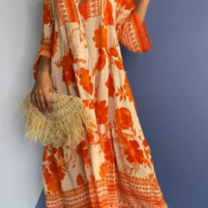 Casual V Neck Floral Regular Fit Dress, Dresses, color:Orange|size:XXL, JustFashionNow