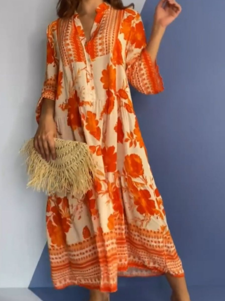 Casual V Neck Floral Regular Fit Dress, Dresses, color:Orange|size:XXL, JustFashionNow