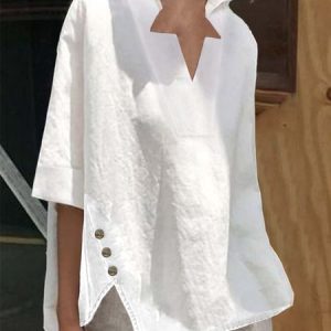 woman casual Cotton Buckle Linen Loose Blouse, Shirts & Blouses, color:White|size:XXL, JustFashionNow