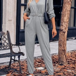 Long Sleeve V Neck Loose Long Daily Casual Plain Natural For Women, Jumpsuits&Rompers, color:Gray|size:XL, Noracora