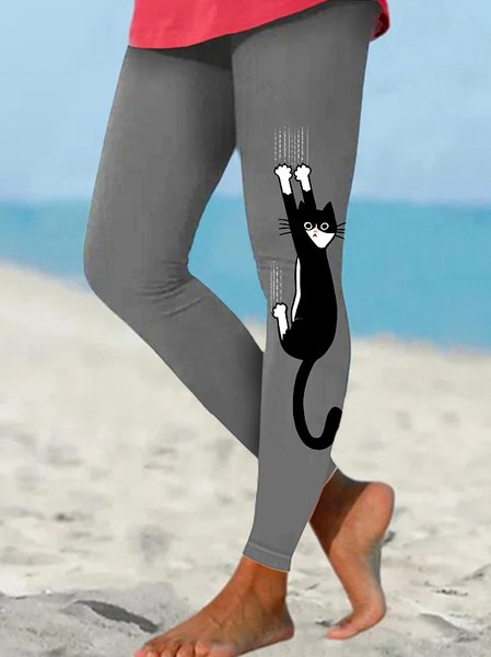 Women's funny Black and White Cat Hanging On Casual Leggings, color:Gray|size:3XL, Lilicloth.com