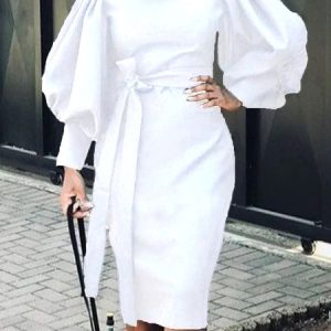 Elegant Plain Lantern Sleeve Crew Neck Dress, Midi Dresses, color:White|size:XXL, Stylewe
