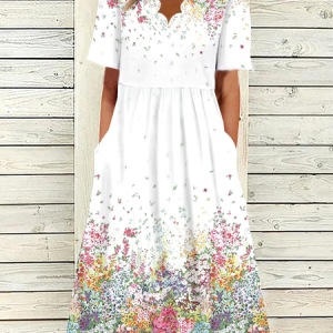 Casual Short Sleeve Knit Dress, Floral Dresses, color:White|size:XXL, JustFashionNow