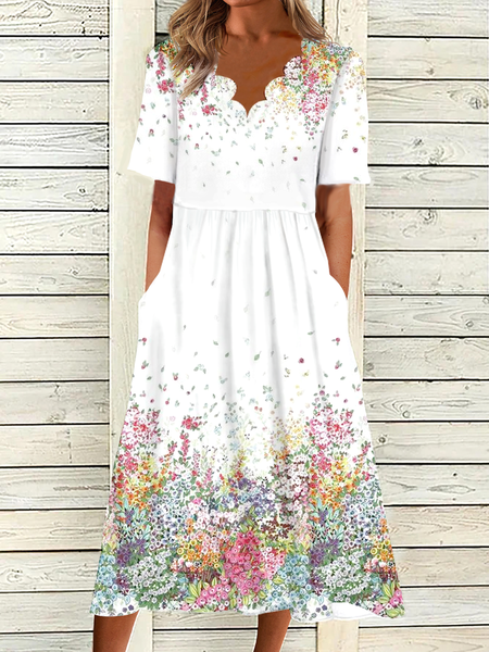 Casual Short Sleeve Knit Dress, Floral Dresses, color:White|size:XXL, JustFashionNow