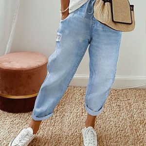 Plus Size Loose Plain Casual Pants, BOTTOM, color:Blue|size:4X, Noracora