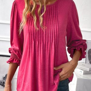 Casual Plain Crew Neck Long Sleeve T-shirt, T-shirts, color:Rose Red|size:XXL, Noracora