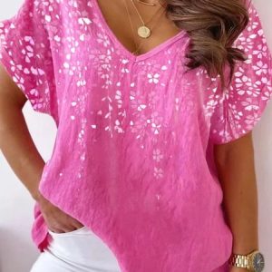 Plus Size V Neck Floral Casual Blouses, TOPS, color:Pink|size:4X, Noracora