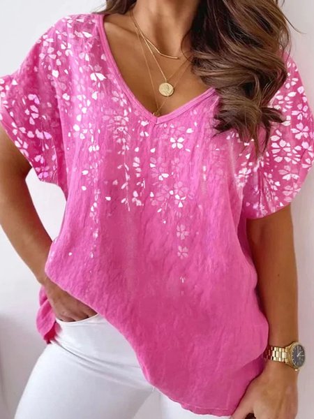 Plus Size V Neck Floral Casual Blouses, Shirts & Blouses, color:Pink|size:4X, JustFashionNow