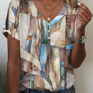 Casual Abstract Graphic V Neck Shirt, Shirts & Blouses, color:Brown|size:XXL, JustFashionNow