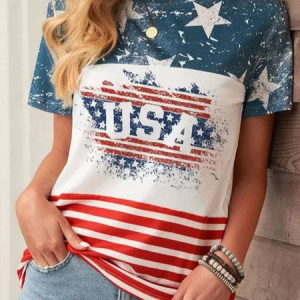 Casual USA Crew Neck Loose T-Shirt, T-Shirts, color:Blue|size:XXL, JustFashionNow