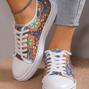 Multicolor Ethnic Pattern Fringe Lace-Up Canvas Shoes, Sneakers, color:Multicolor|size:43, JustFashionNow