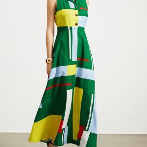 Lapel Collar Elegant Geometric Regular Fit Sleeveless Dress With No Belt, Maxi Dresses, color:Green|size:XL, Stylewe
