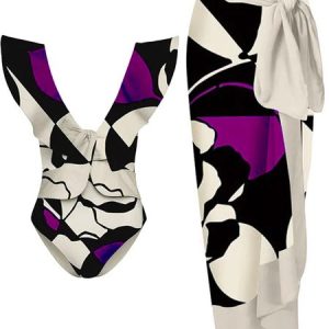 Vacation V Neck Printing Abstract One Piece With Cover Up, One-Pieces, color:Rose Red|size:XXL, Stylewe