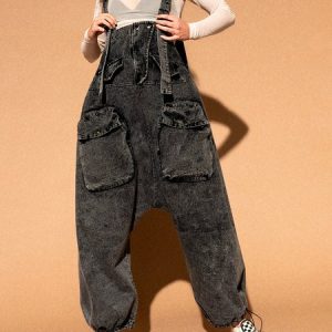 Vintage Distressed Loose Wide Leg Pants Elasticity Denim Bib Pants, Jumpsuits＆Rompers, color:Black|size:XXL, JustFashionNow