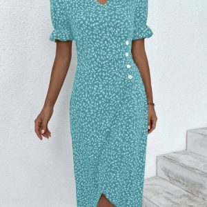 Women Vacation Floral Print V Neck Button Dress, Midi, color:Lake Blue|size:XXL, Noracora