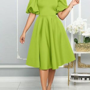 Plain Crew Neck Elegant Regular Fit Dress, Midi Dresses, color:Green|size:XXL, Stylewe