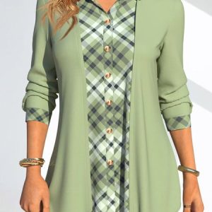Shirt Collar Long Sleeve Plaid Buttoned Regular Loose Blouse For Women, Shirts, color:Green|size:XXL, Noracora