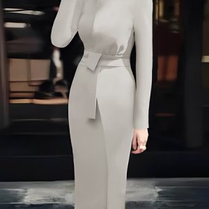 Plain Elegant Regular Fit Crew Neck Dress, Midi Dresses, color:white-gray|size:XXL, Stylewe