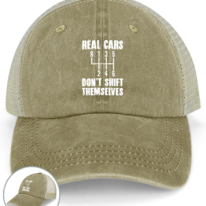 Men's Real Cars Don'T Shift Themselves Funny Graphic Printing Washed Mesh-back Baseball Cap, color:Khaki|size:One-size, Lilicloth.com