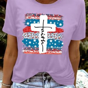 Women's Faith Patriotic christian Print Casual T-Shirt, color:Purple|size:3XL, Lilicloth.com