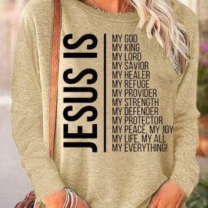 Women's Jesus Is My God Crew Neck Long Sleeve Top, color:Apricot|size:3XL, Lilicloth.com