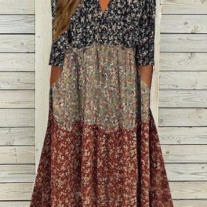 Plus Size Casual Floral Notched Three Quarter Loose Maxi Dress, Dresses, color:Multicolor|size:4X, JustFashionNow
