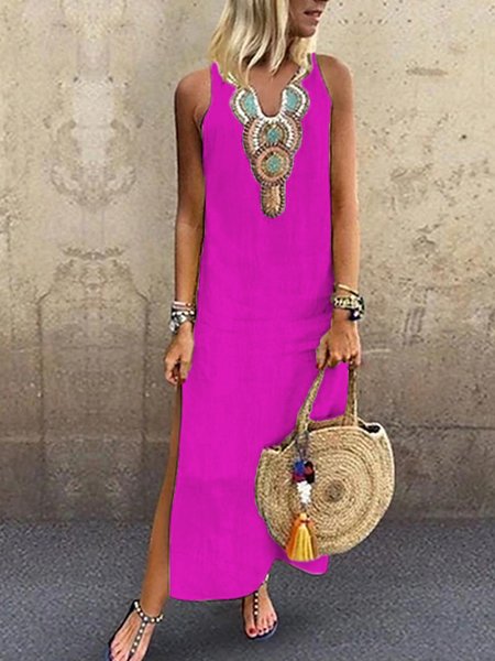 JFN V Neck Floral Tribal Casual Mexican Dress, Casual Dresses, color:Pink|size:3XL, JustFashionNow