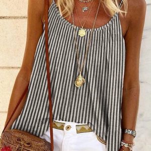 Loose Linen Spaghetti Striped Cami, Tanks & Camis, color:Stripe|size:XXL, JustFashionNow