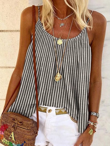 Loose Linen Spaghetti Striped Cami, Tanks & Camis, color:Stripe|size:XXL, JustFashionNow