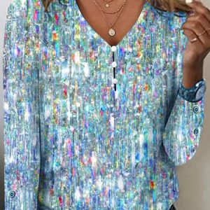 Casual Random Print V Neck Long Sleeve T-shirt, T-shirts, color:Blue|size:XXL, Noracora