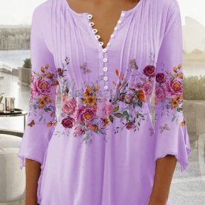 Floral V Neck Regular Fit Casual Top, Blouses, color:Purple|size:XXL, Noracora