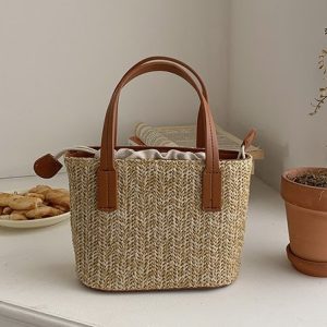 Casual Straw Drawstring Handbag Messenger Bag Vacation Beach Women, Women's Bags, color:Brown|size:One-size, JustFashionNow
